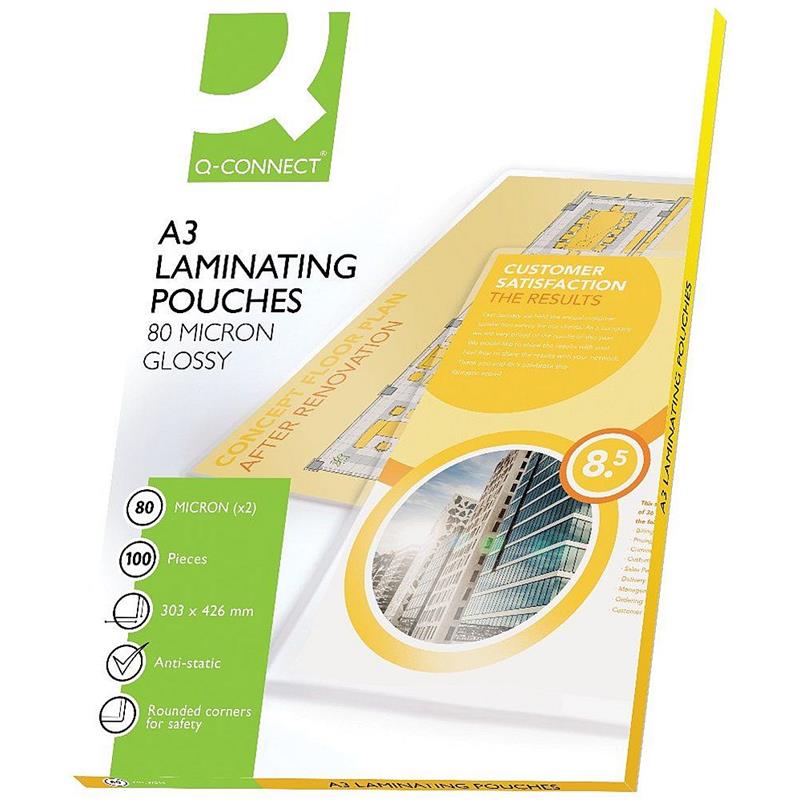 Q-Connect A3 Glossy Laminating Pouches 160 Microns; Pack of 100